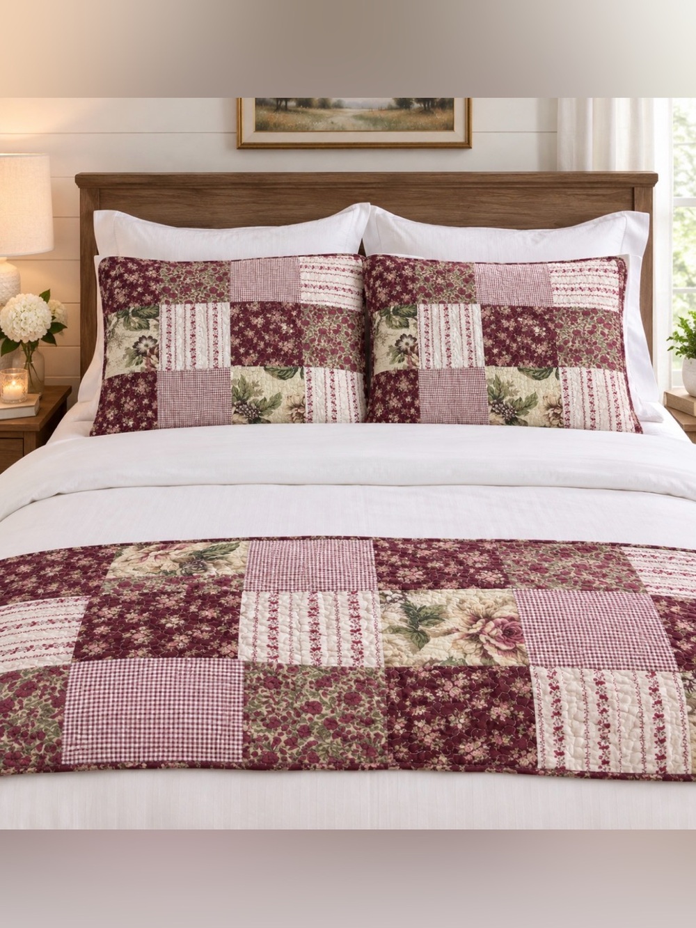 Vintage Country Patchwork Sham Set in Burgundy and Cream